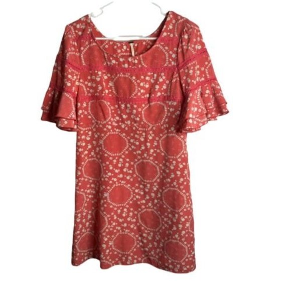 Free People Shift Dress Mini Bell Sleeve Pink Coral Floral Womens 6 Boho